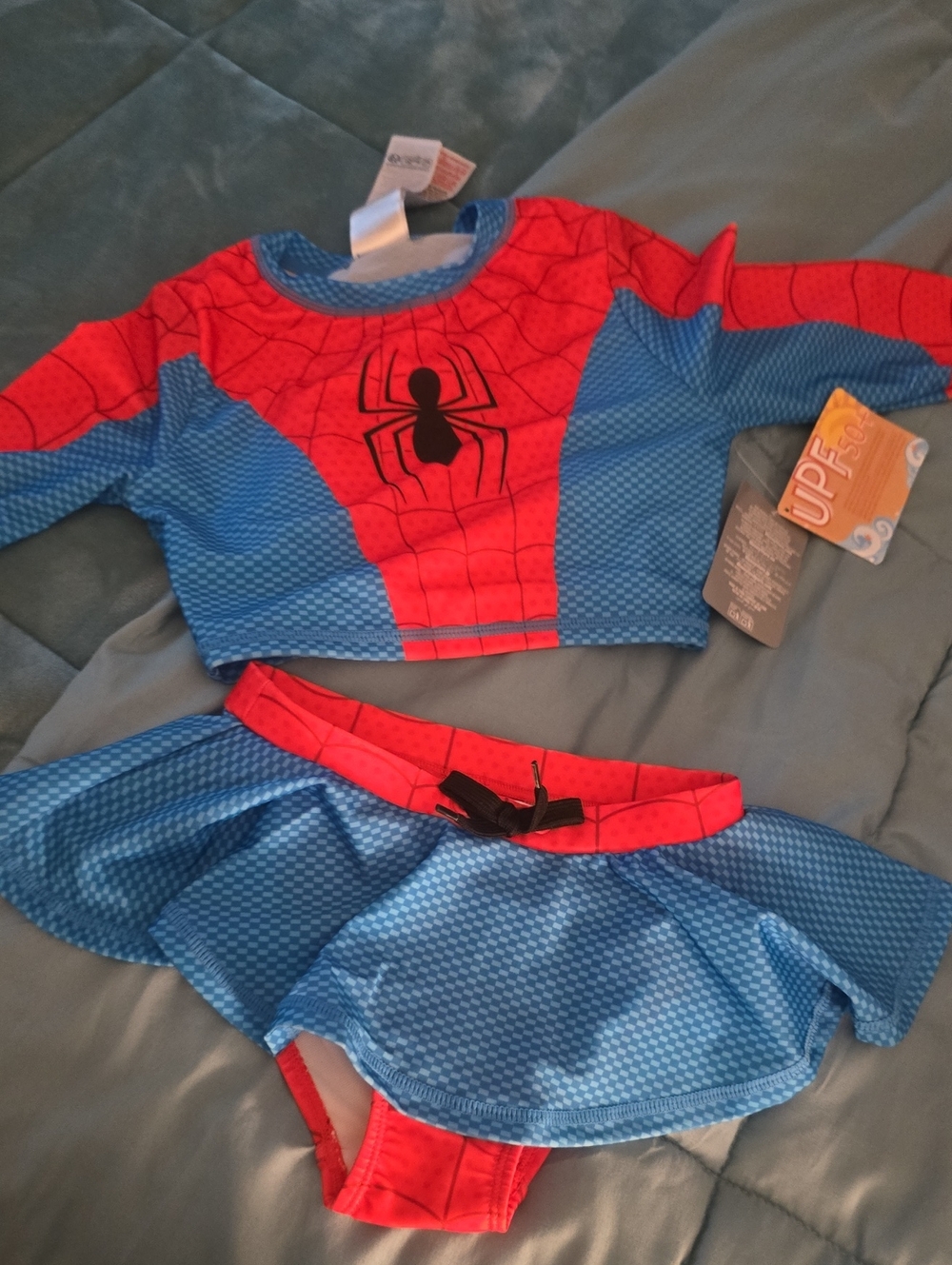 Girls Red and Blue Spider-Themed Bathing Suit